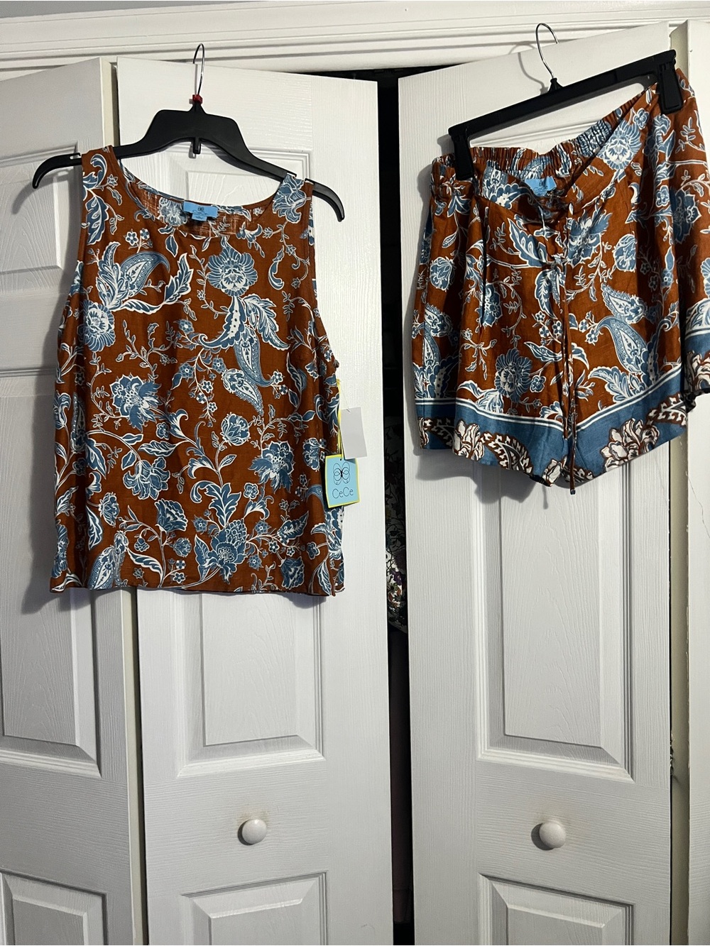 CeCe Brown and Blue tFloral Sleeveless Camisole and Shorts